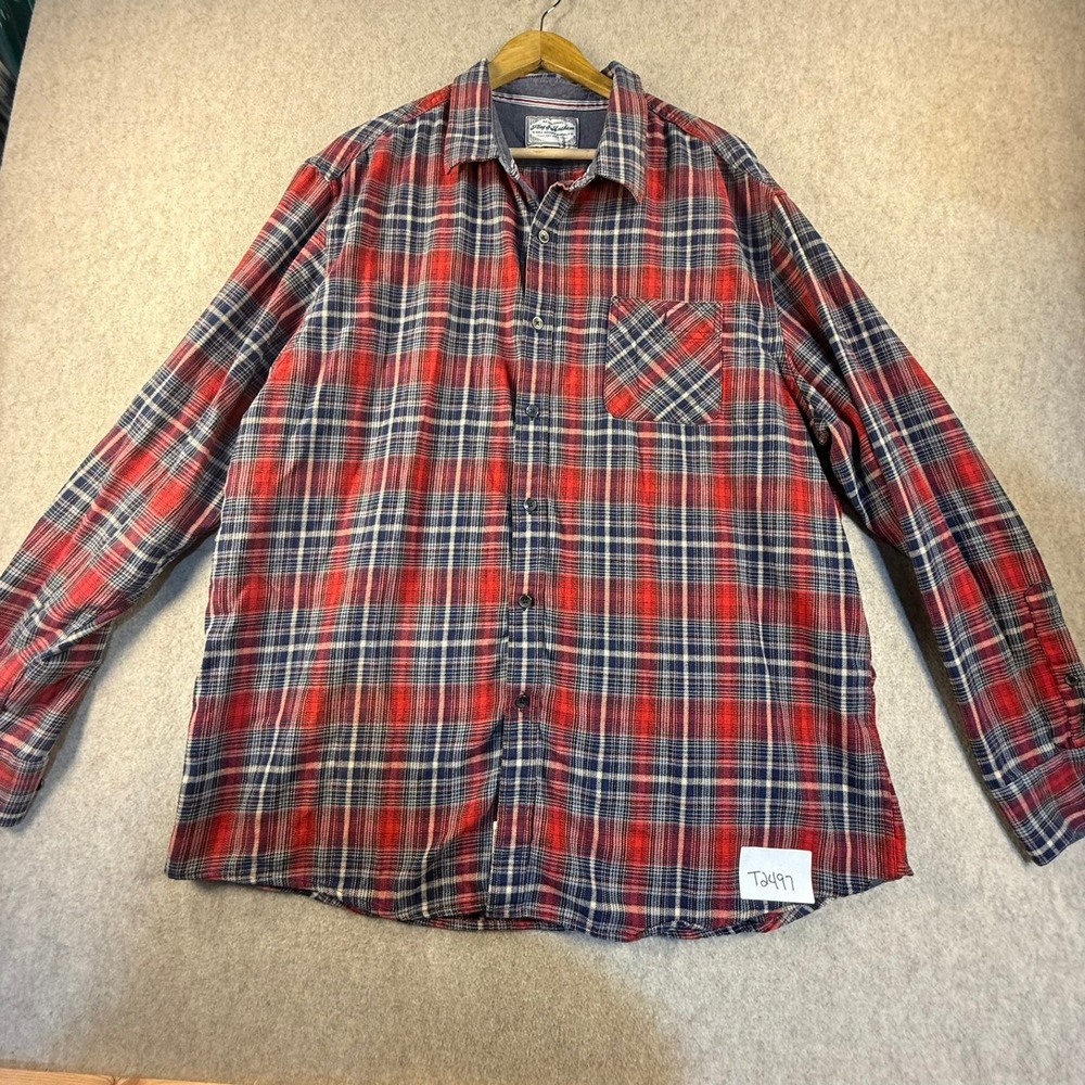 Flag & Anthem Mens XXL Red Blue Plaid Flannel Button Down Shirt Long Sleeve